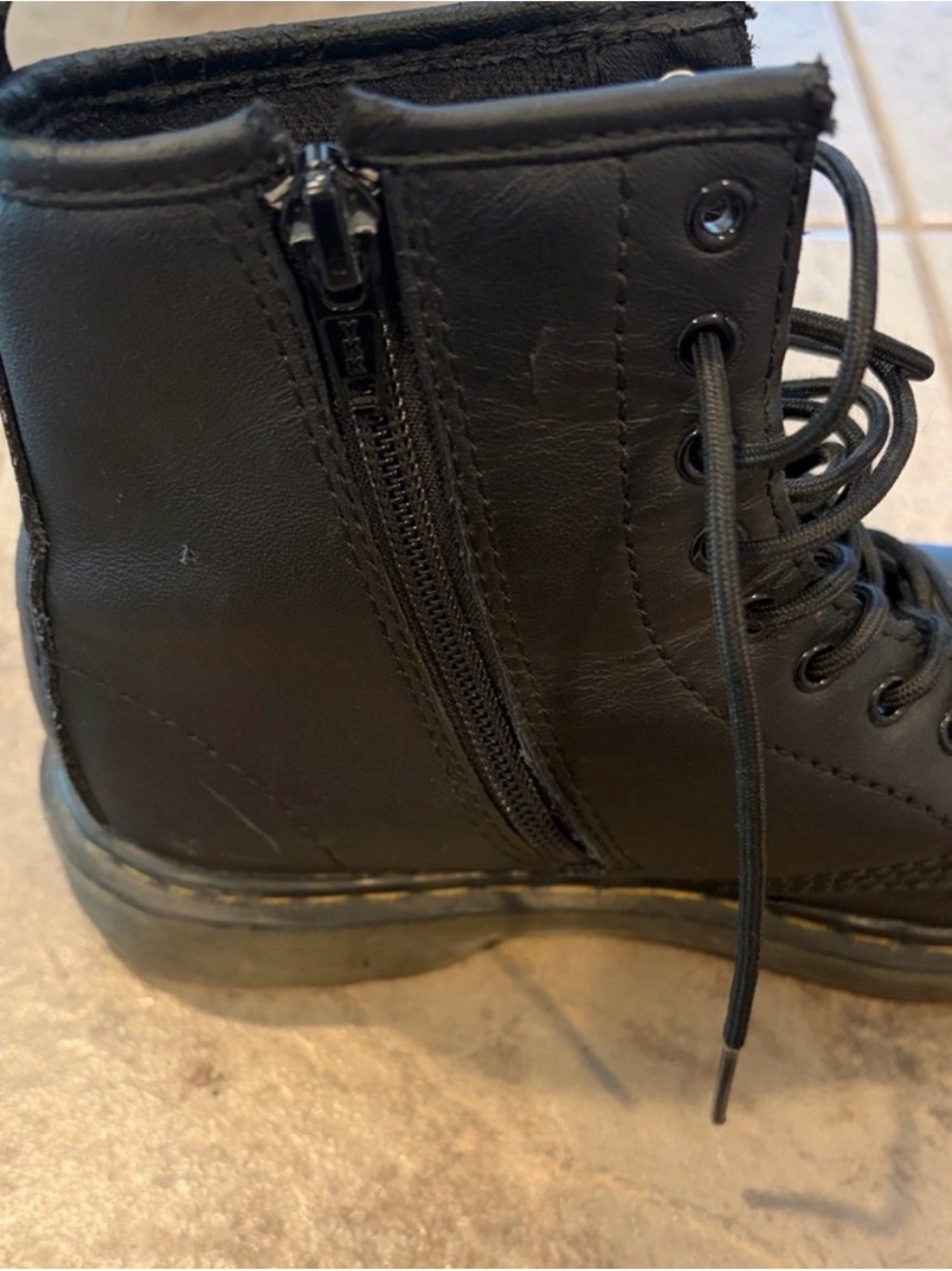 5/$20 Dr. Martens Black Leather Lace-Up Kids Boots with Yellow Stitching - Picture 5 of 5